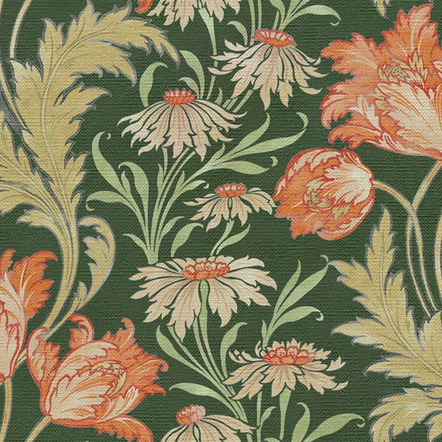 Deep moss green Rowe IV fabric with coral flowers and pale botanical leaves