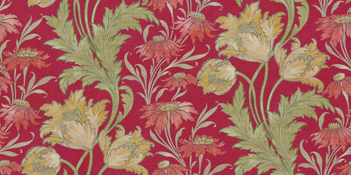 Deep crimson floral textile with olive leaves and cream and coral blooms