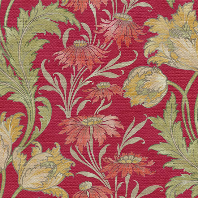 Deep crimson floral textile with olive leaves and cream and coral blooms