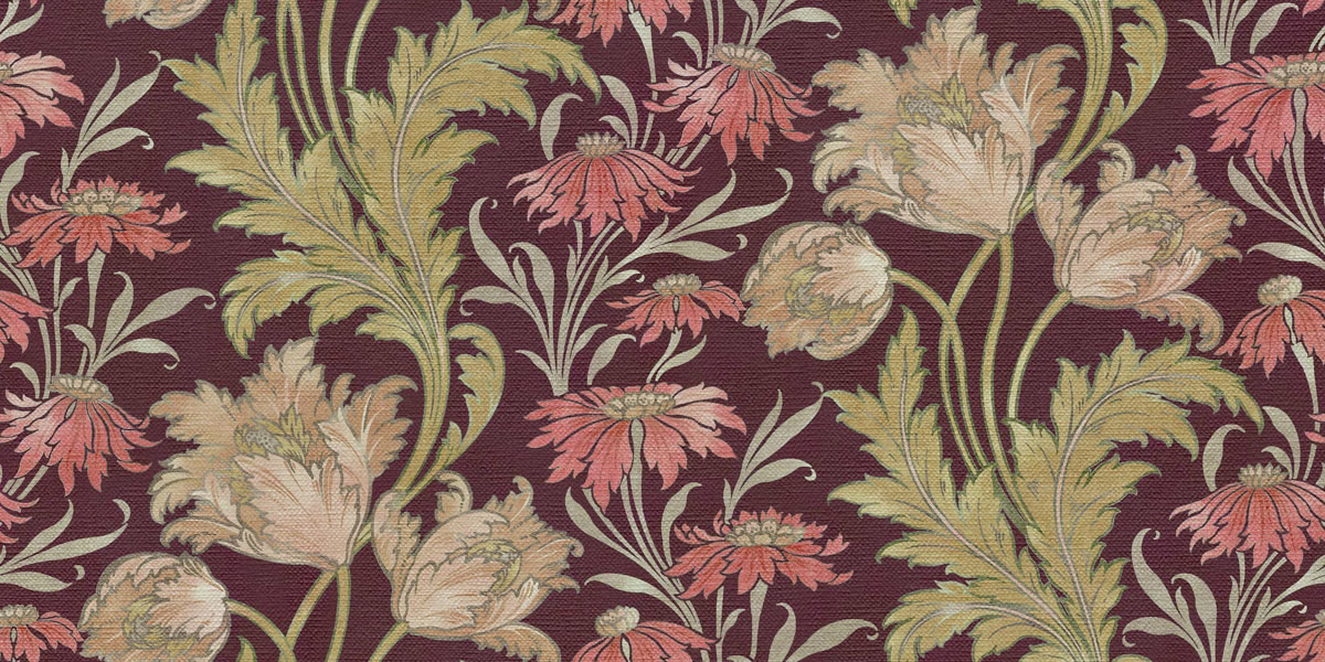 Burgundy floral textile with olive scrolls, coral blooms and cream botanical heads