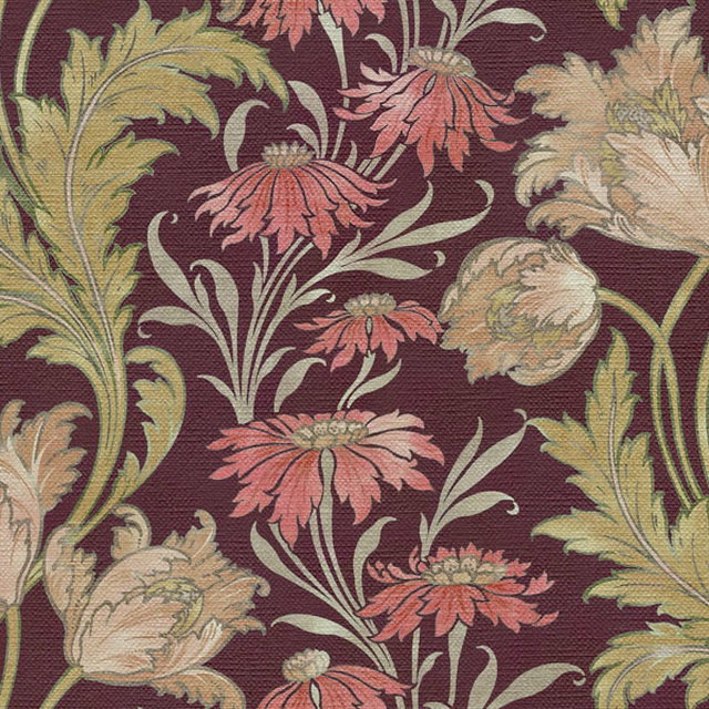 Burgundy floral textile with olive scrolls, coral blooms and cream botanical heads