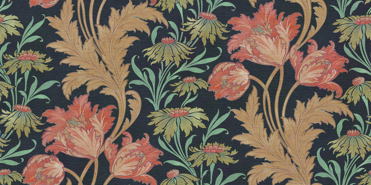 Deep charcoal floral fabric with coral blooms, ochre leaves and sage-green foliage.