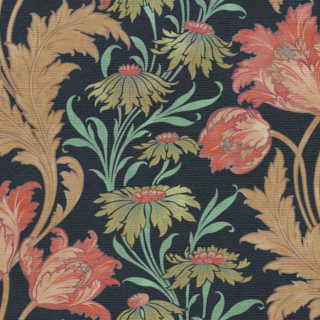 Deep charcoal floral fabric with coral blooms, ochre leaves and sage-green foliage.