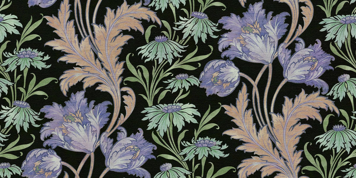 Lavender, sage and tan floral motifs on a near-black ground