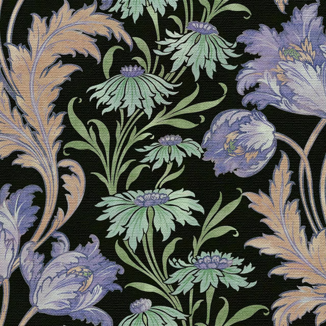 Lavender, sage and tan floral motifs on a near-black ground