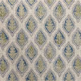Ivory woven fabric with repeating muted blue and olive leaf medallions