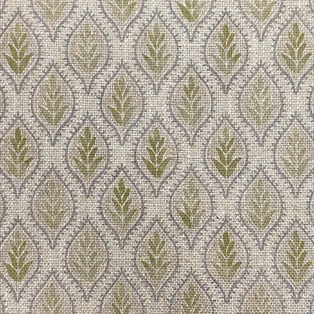 Textured beige and grey weave with repeating muted olive leaf motifs
