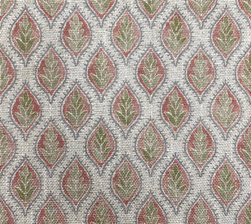 Pale grey woven fabric with repeated sage and burgundy pendant leaf motifs