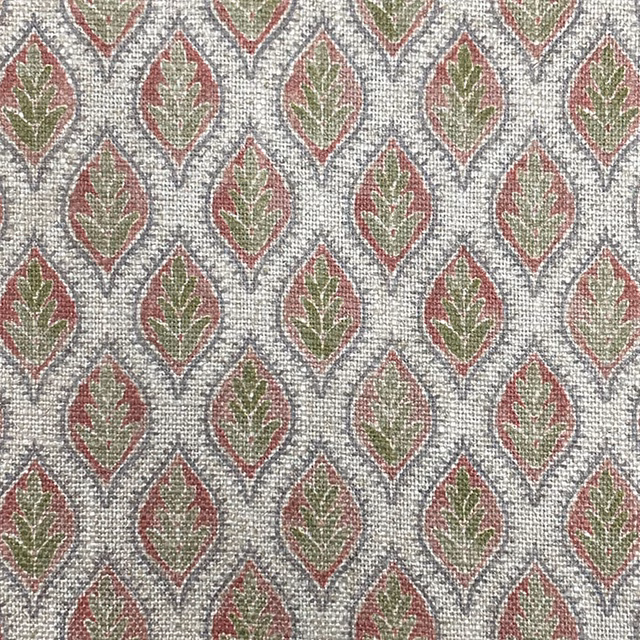 Pale grey woven fabric with repeated sage and burgundy pendant leaf motifs