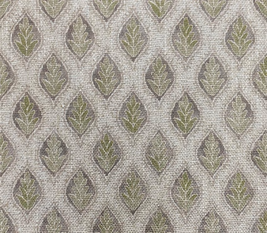 Textured grey-beige fabric with repeated muted olive leaf motifs