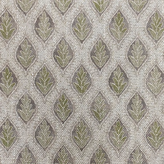 Textured grey-beige fabric with repeated muted olive leaf motifs