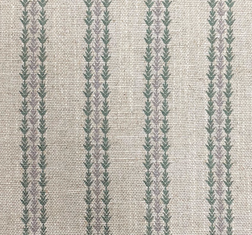 Warm oatmeal woven ground with repeated muted sage leafy vertical stripes