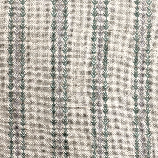Warm oatmeal woven ground with repeated muted sage leafy vertical stripes