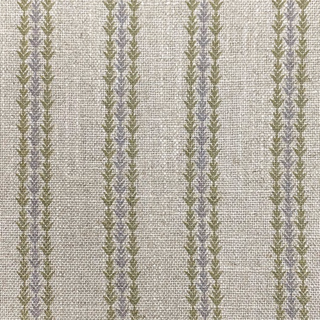 Oatmeal woven ground with vertical sage and muted lilac leafy stripes