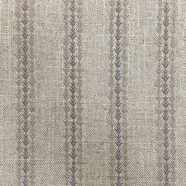 Warm taupe woven fabric with narrow charcoal broken stripes and crosshatched texture