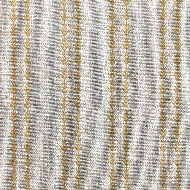 Pale oatmeal woven ground with narrow ochre-gold vertical motif stripes