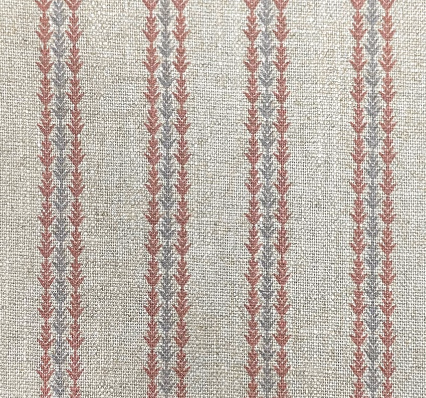Pale grey-beige woven stripe with terracotta and blue-grey leaf motifs