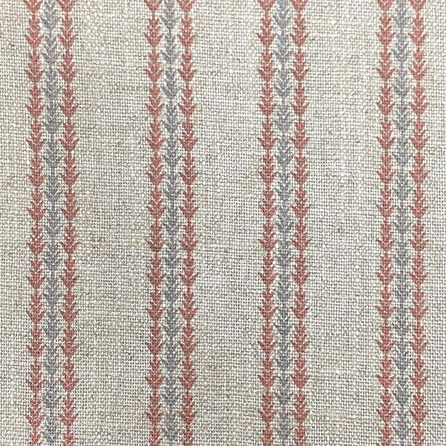 Pale grey-beige woven stripe with terracotta and blue-grey leaf motifs