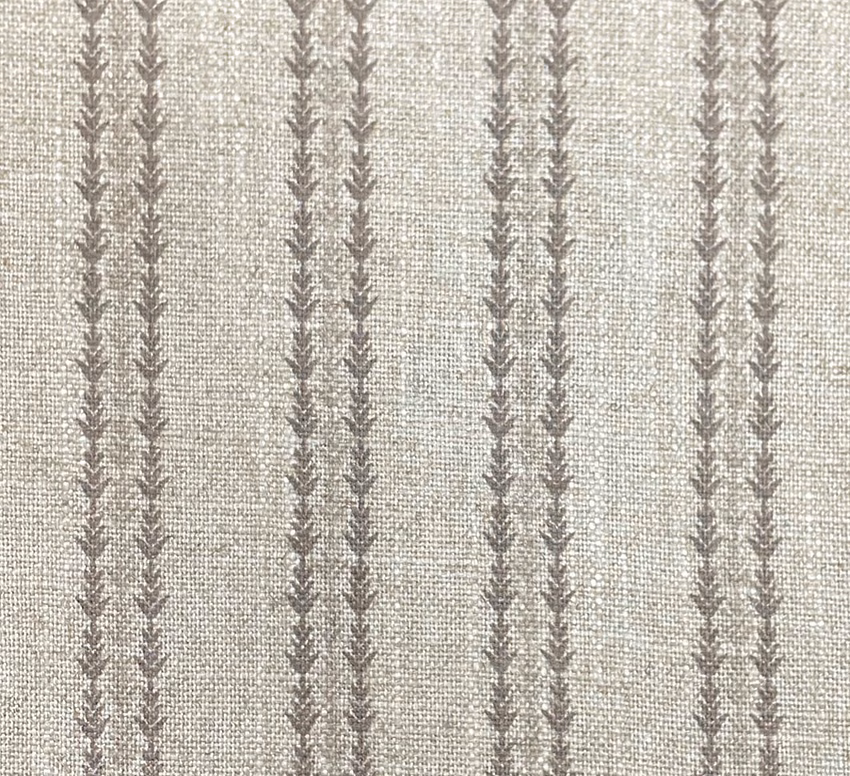 Pale greige woven ground with narrow taupe-grey vertical leaf stripes