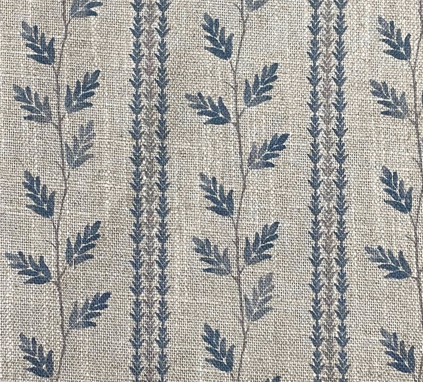 Oatmeal woven fabric with blue-grey trailing leaves and narrow vertical botanical stripes