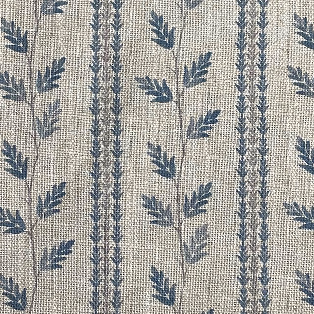 Oatmeal woven fabric with blue-grey trailing leaves and narrow vertical botanical stripes