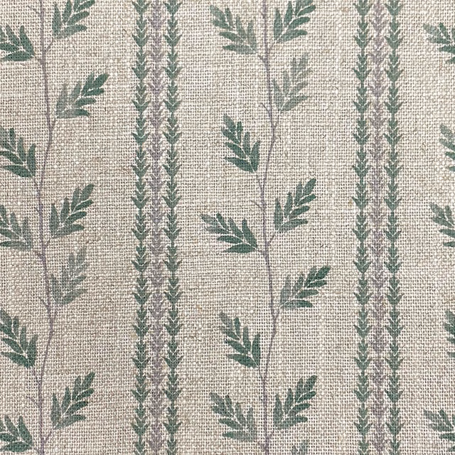 Oatmeal woven fabric with muted sage leafy trails and narrow vertical vine stripes