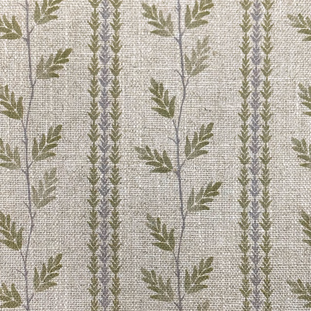 Oat-beige woven fabric with olive leafy vines and lilac-grey vertical bands