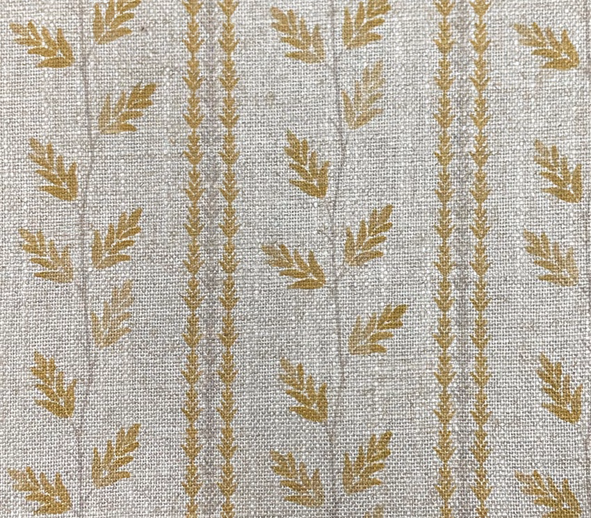 Pale grey-beige woven fabric with ochre sprigs and vertical vine stripes