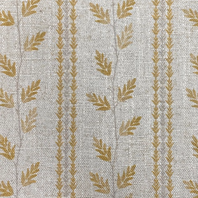 Pale grey-beige woven fabric with ochre sprigs and vertical vine stripes