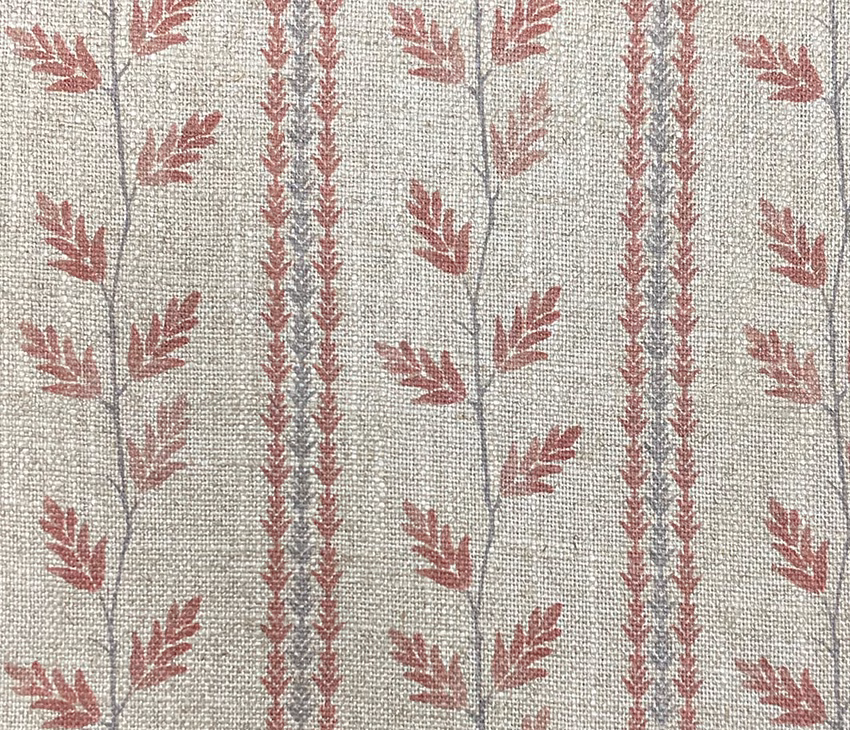 Ecru woven fabric with dusty rose leafy vines and narrow braided vertical stripes