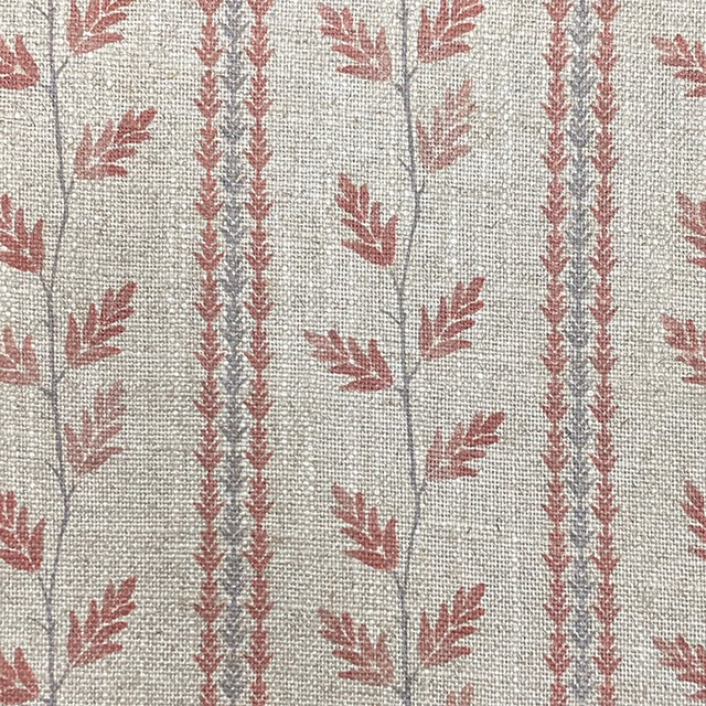 Ecru woven fabric with dusty rose leafy vines and narrow braided vertical stripes