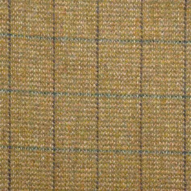 Warm wheat-beige tweed with muted blue-grey and olive medium-scale checks