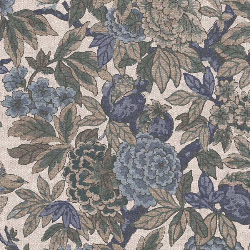 Muted blue and sage floral clusters across a warm cream, grain-textured ground