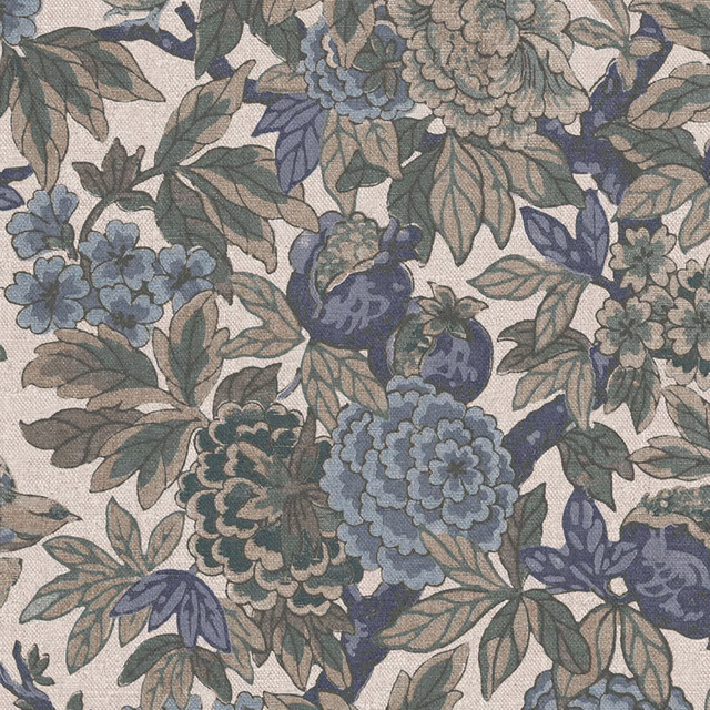 Muted blue and sage floral clusters across a warm cream, grain-textured ground