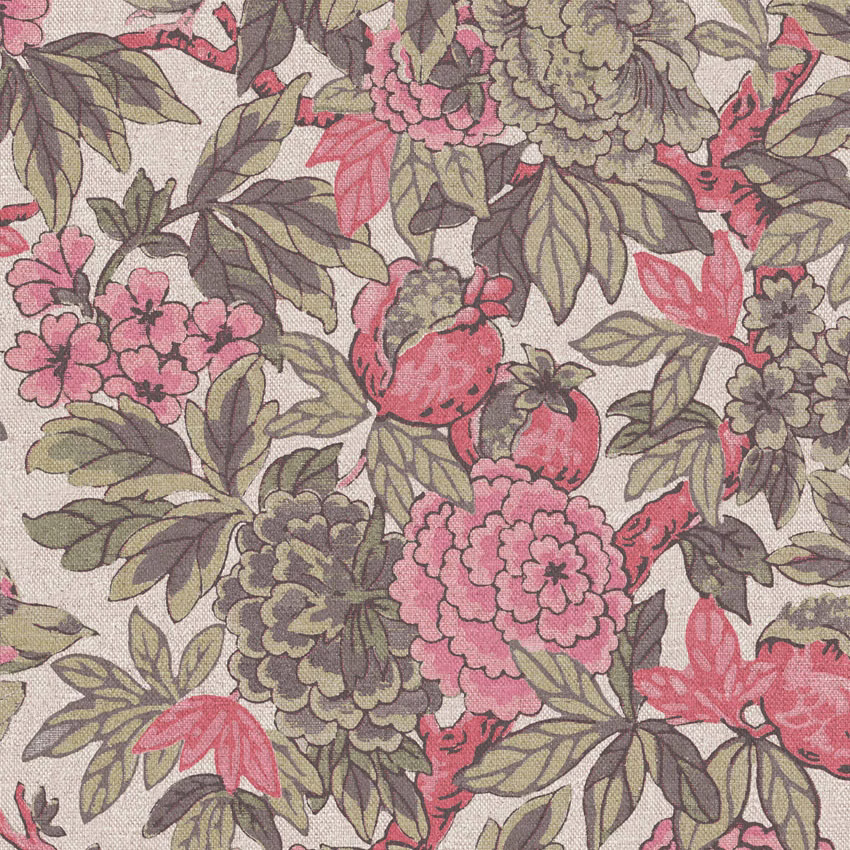 Large coral-pink and olive floral motifs on a warm ivory textured fabric ground