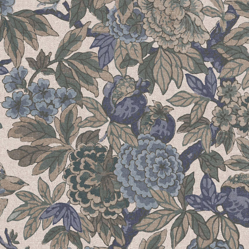 Muted blue and sage floral sprigs on a warm ivory, softly textured ground