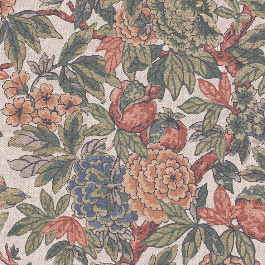 Muted botanical florals, pomegranates and foliage in olive, coral and blue on ivory ground