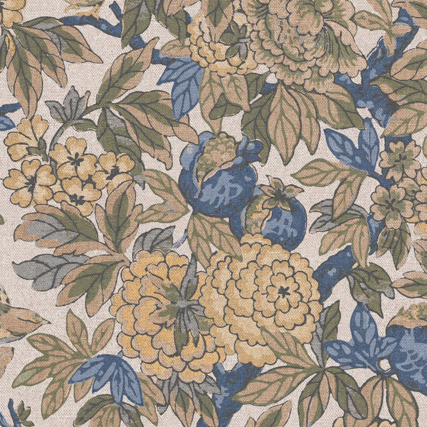 Cream botanical fabric with mustard flowers, blue fruits and olive leaves