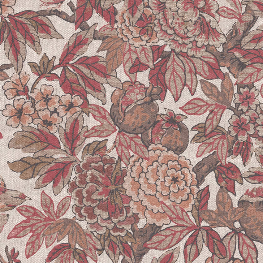 Warm ivory floral textile with dusty rose blooms, terracotta leaves and fine grain texture