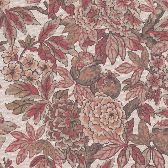 Warm ivory floral textile with dusty rose blooms, terracotta leaves and fine grain texture