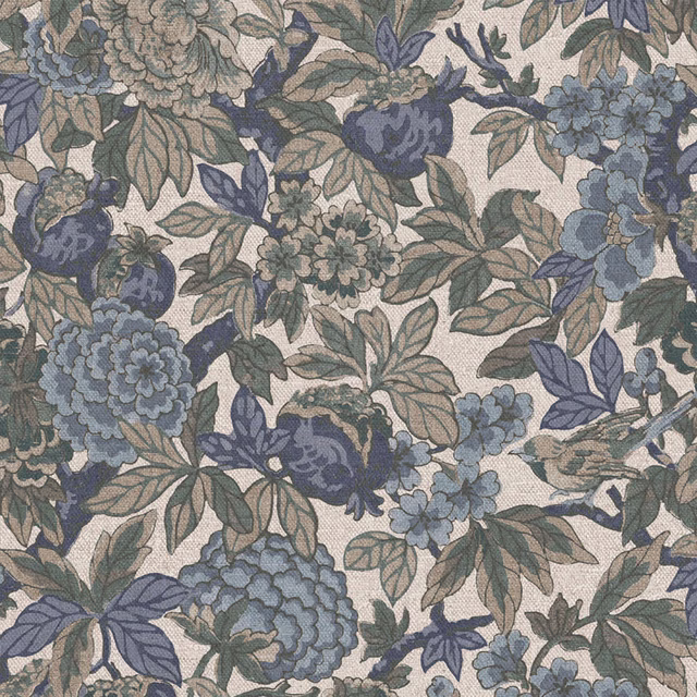 Warm ivory floral textile with blue flower clusters, leafy sage and navy botanical detail