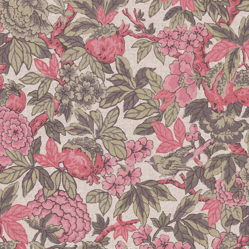 Dense coral-pink and olive-grey floral sprigs over a warm ivory textured ground