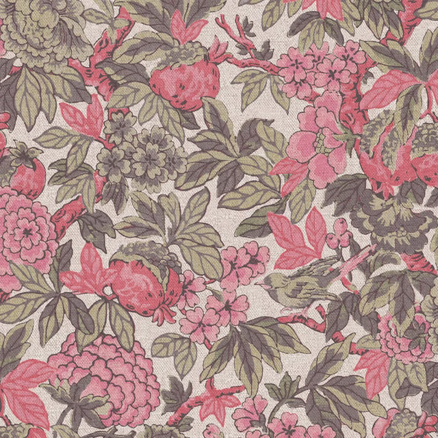 Dense coral-pink and olive-grey floral sprigs over a warm ivory textured ground