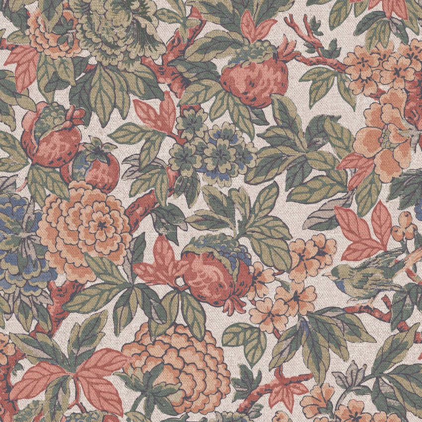 Muted coral and sage floral clusters on a softly textured cream ground