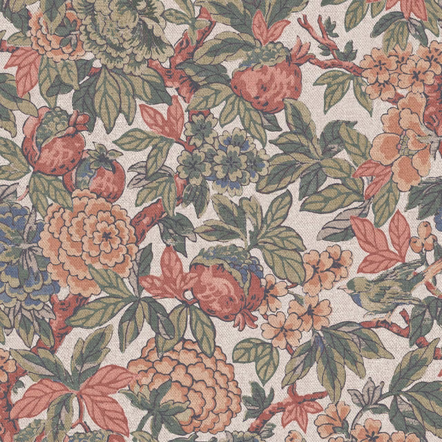 Muted coral and sage floral clusters on a softly textured cream ground
