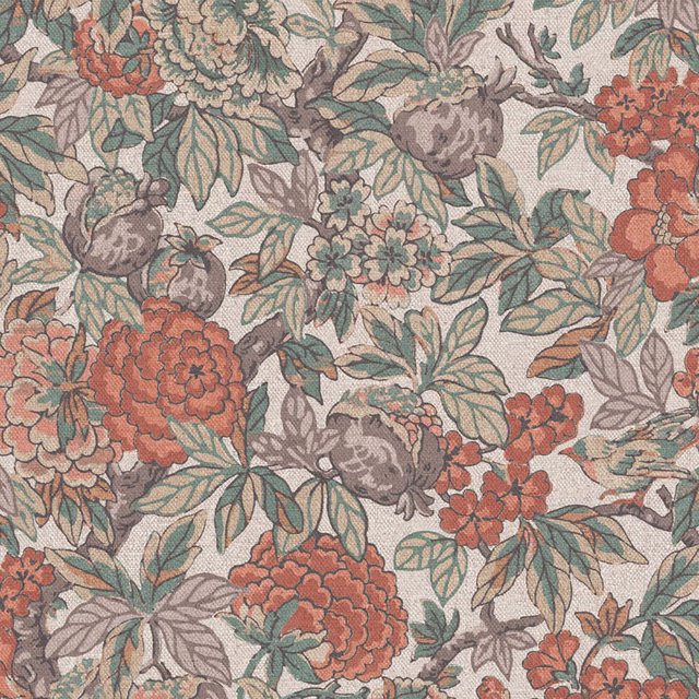 Terracotta, sage and taupe floral clusters on a warm ivory woven ground
