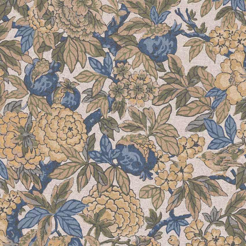 Cream floral textile with muted blue blooms, ochre flowers and olive leaves