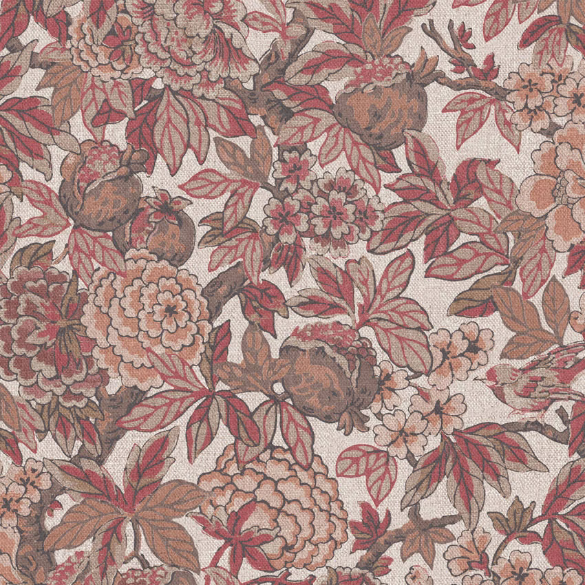 Cream floral fabric with dusty rose blooms, terracotta fruit and brown leafy detail