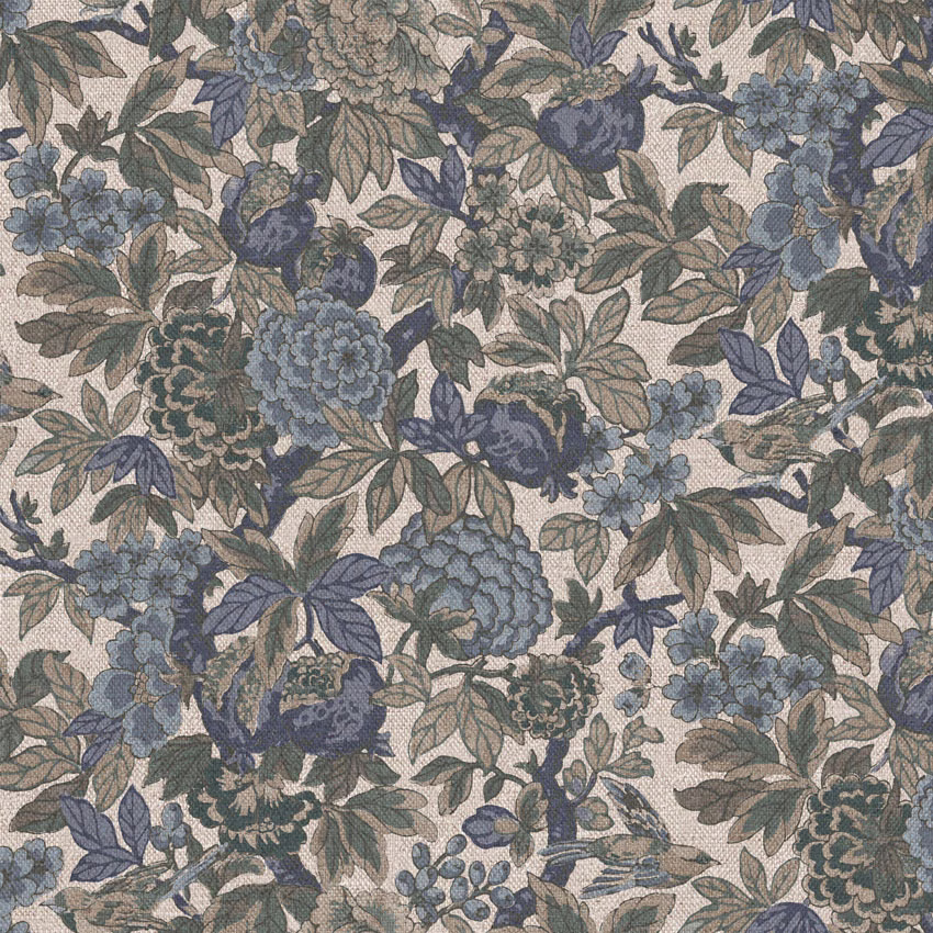 Dense floral fabric in muted blue, sage, taupe and cream with fine textile grain