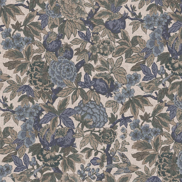 Dense floral fabric in muted blue, sage, taupe and cream with fine textile grain